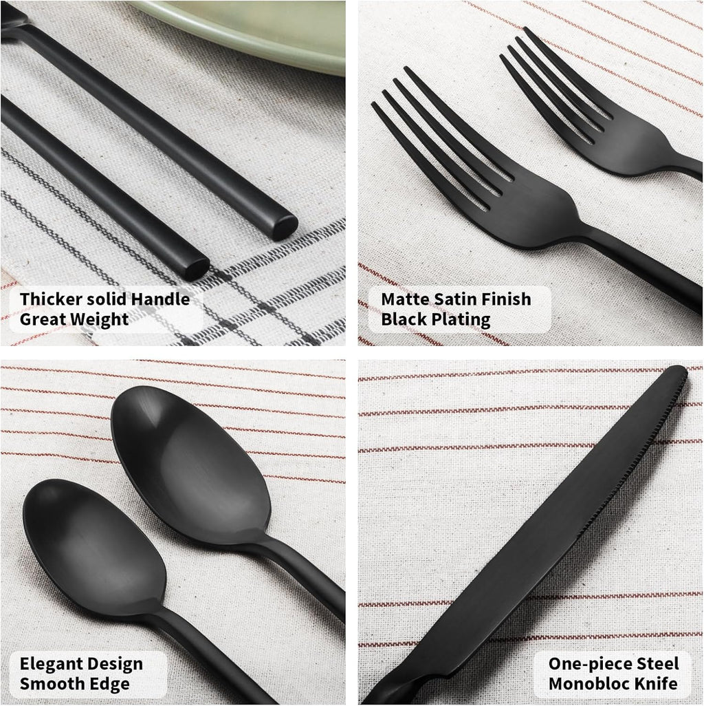 Alata Potter Black 40-Piece Forged Silverware Set, Service for 8, Stainless Steel Flatware Set, Modern Design with Satin Finish, Ideal for Home, Kitchen, Party, Camping