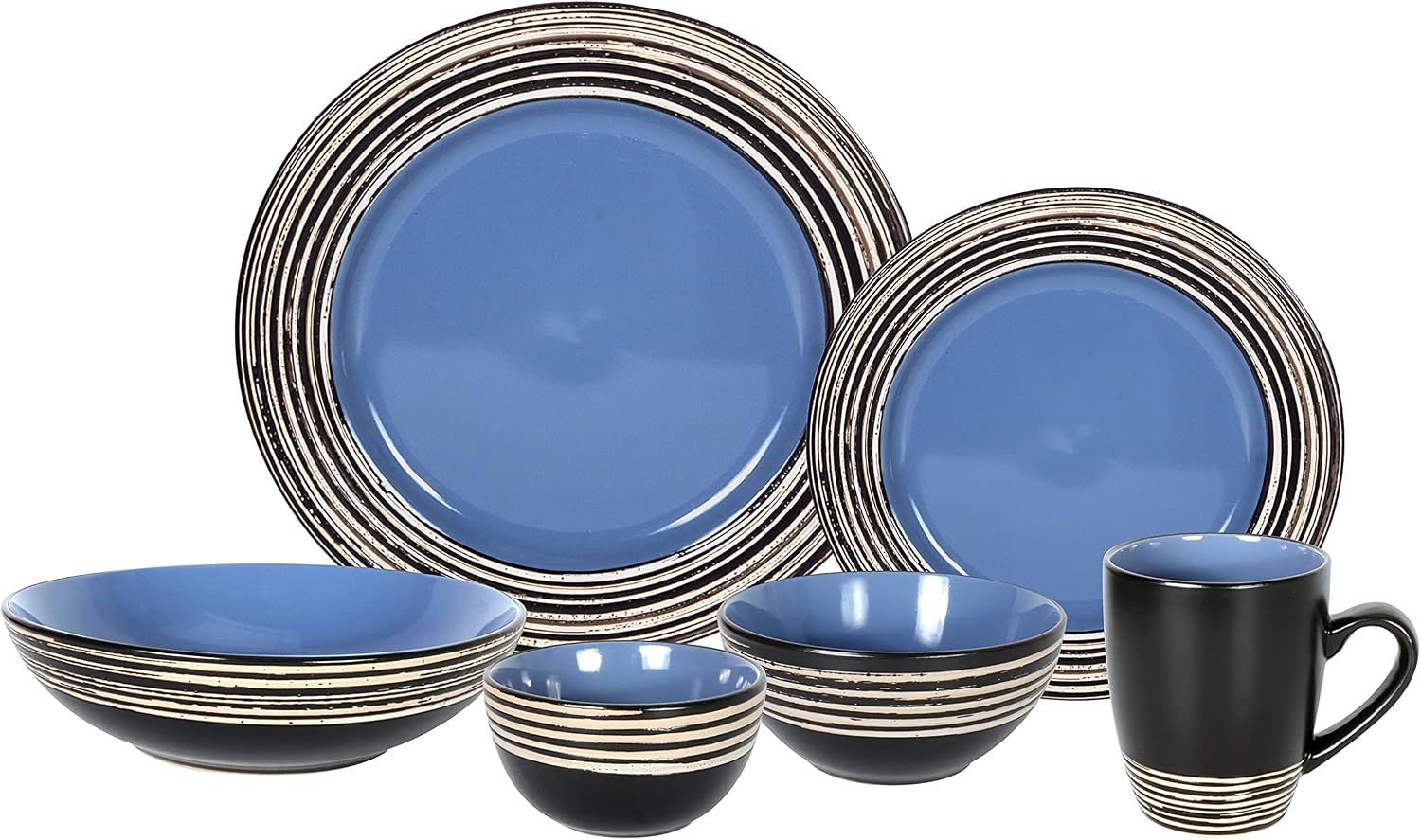 48 Piece Dinnerware Set, Ceramic Plates and Bowls Sets for 8, Microwave and Dishwasher Safe, Handcrafted Tree Bark Series Dish Set, Blue