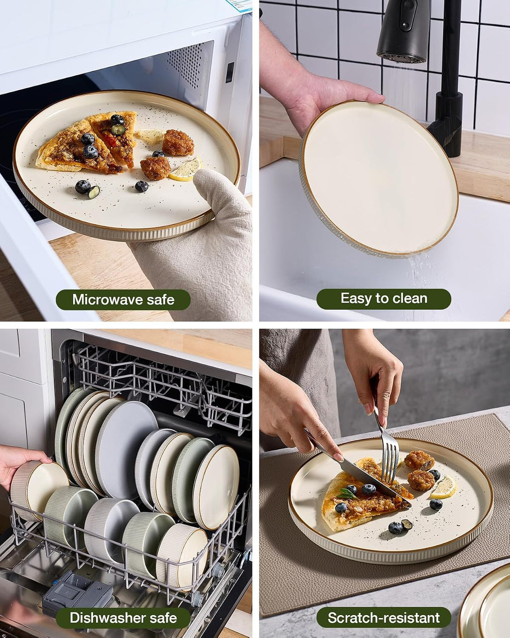 Famiware Star 24-Piece Stoneware Dinnerware Sets with Trim, Service for 8 - Ceramic Plates and Bowls Set, Ribbed Dishes with High Edge, Chip & Scratch Resistant, Microwave & Dishwasher Safe, Cream