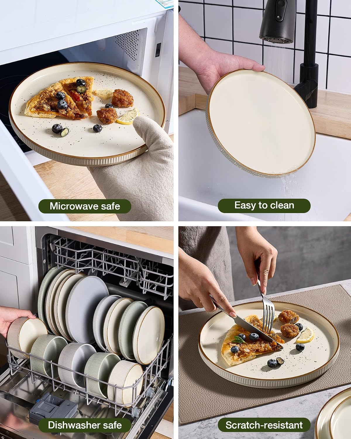 Famiware Star 24-Piece Stoneware Dinnerware Sets with Trim, Service for 8 - Ceramic Plates and Bowls Set, Ribbed Dishes with High Edge, Chip & Scratch Resistant, Microwave & Dishwasher Safe, Cream