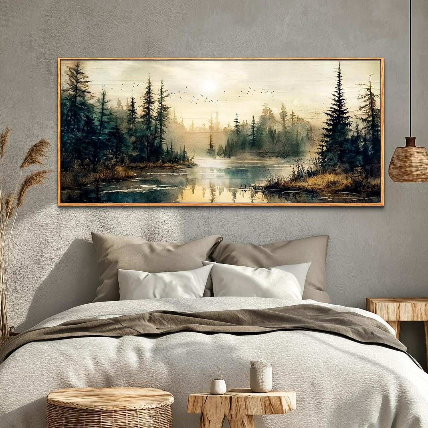 FUHAIHUA Wood Framed Large Wall Decor For Living Room Canvas Wall Art For Office Farmhouse Wall Decorations For Bedroom Forest River Landscape Paintings Modern Pictures Artwork Room Home Decor 32x72 In