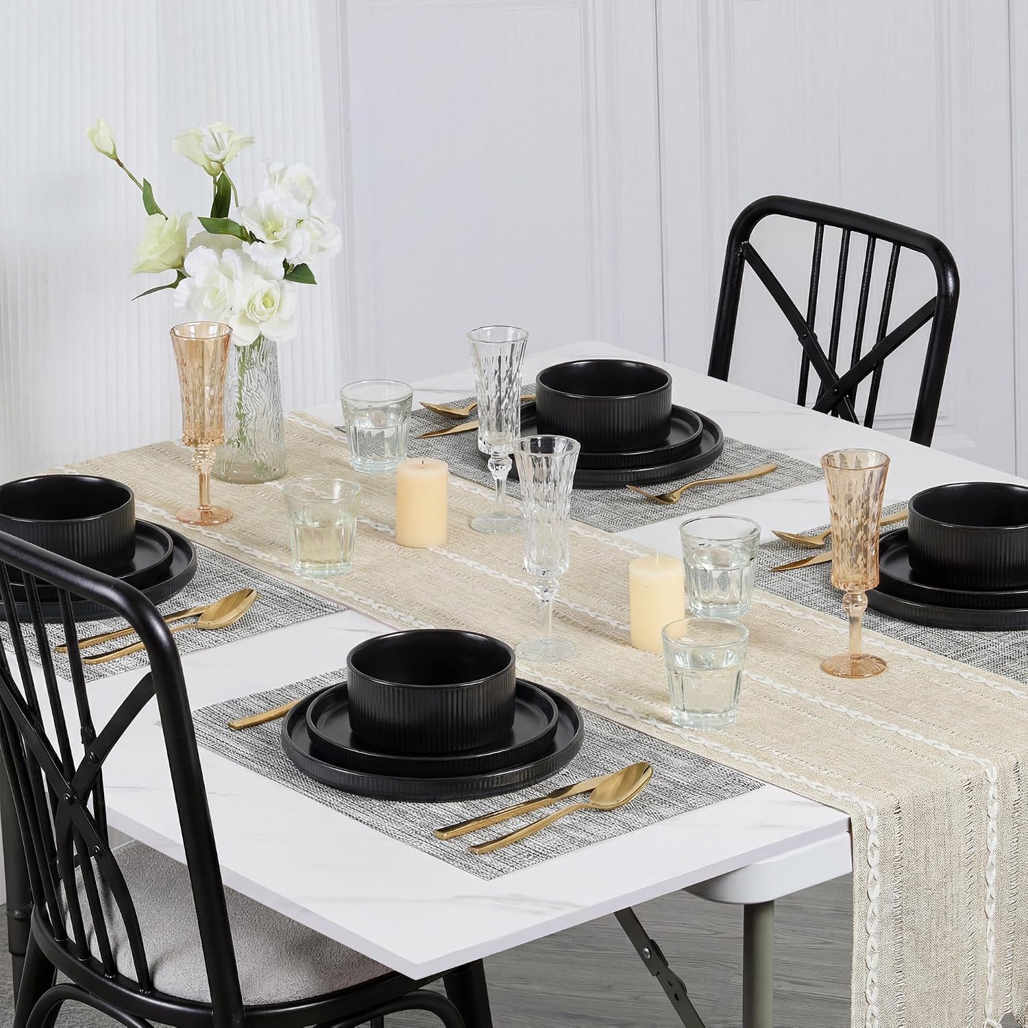 E-far 24-Piece Stoneware Dinnerware Sets, Plates and Bowls Sets for 8, Kitchen Dinning Porcelain Ribbed Dishes Set, Chip & Scratch Resistant, Dishwasher & Microwave Safe, Matte Black
