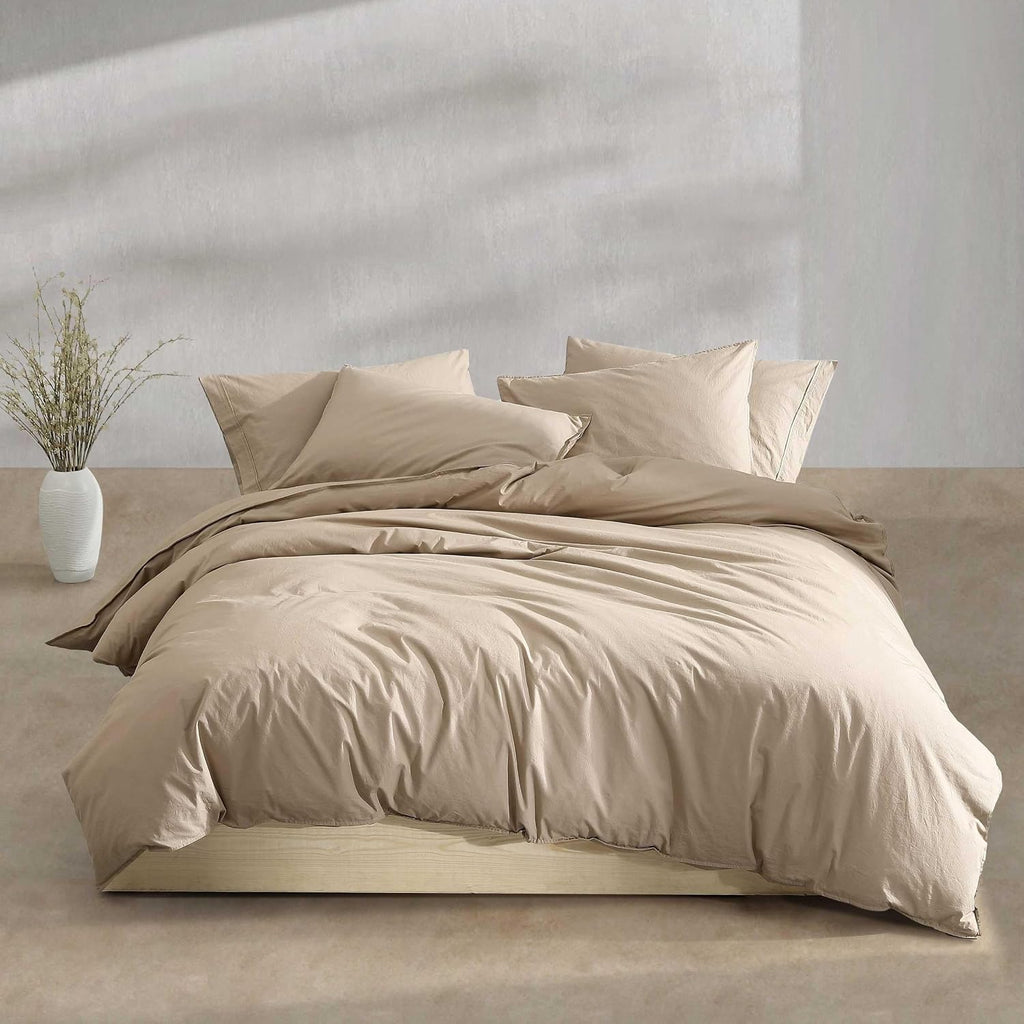 Calvin Klein - Queen Comforter Set, Modern Cotton Washed Percale Bedding with Matching Shams, Oeko-Tex Certified (Washed Percale Camel Brown, Queen)