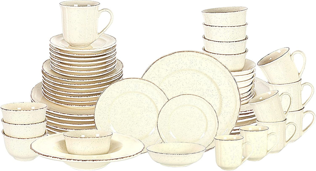 56pc Dinnerware Set, Plate and Bowl Set, Stoneware Dishes Set for 8, Microwave and Dishwahser Safe, Scratch Resistant, French Countryside Speckled Antique Cream