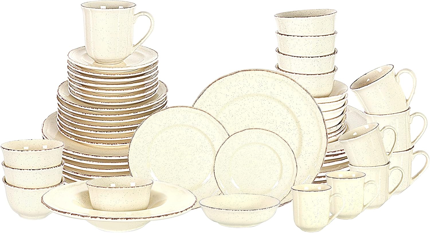 56pc Dinnerware Set, Plate and Bowl Set, Stoneware Dishes Set for 8, Microwave and Dishwahser Safe, Scratch Resistant, French Countryside Speckled Antique Cream