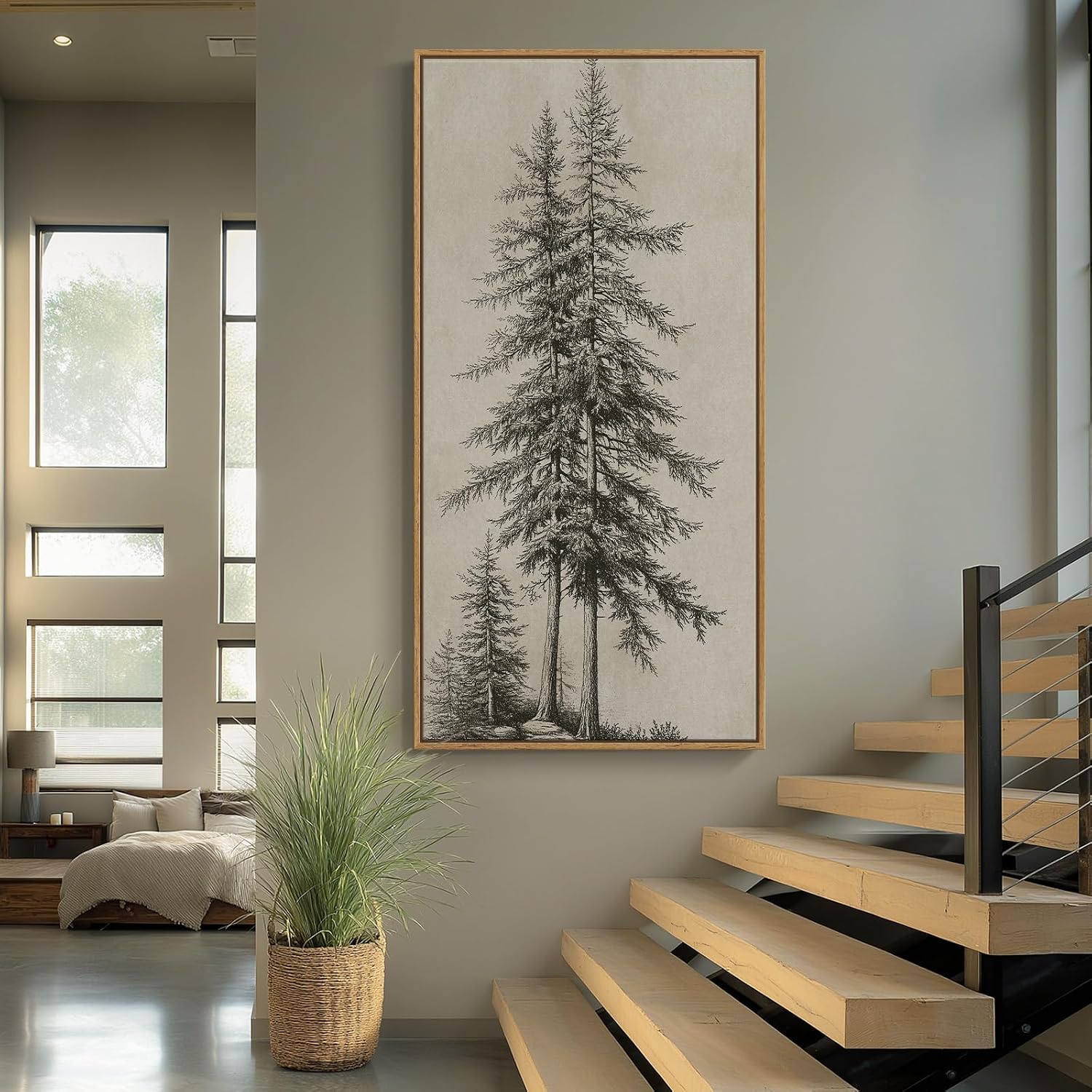 Large Framed Vertical Vintage Pine Tree Wall Art for Living Room, Neutral Sketch Rustic Classic Beige Canvas Artwork for Walls, Nordic Forest Farmhouse Wall Decor for Bedroom Hallway Office, 30x60 In