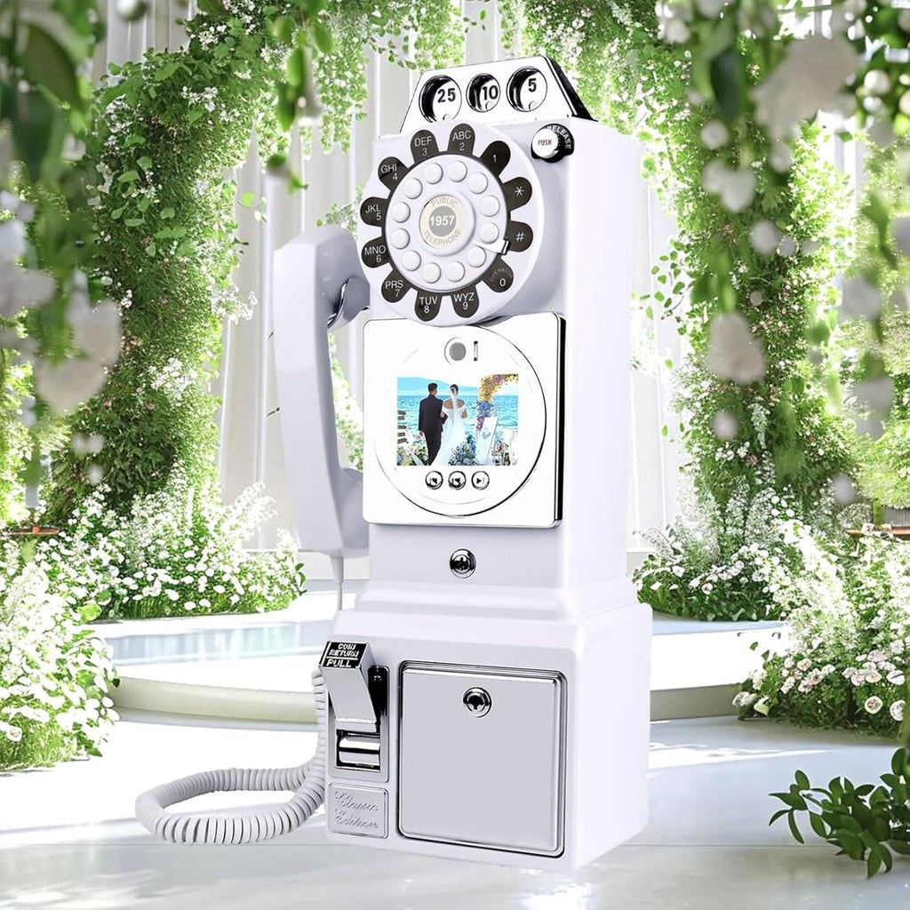 1080P Video Guestbook Wedding Phone, Retro Classic Audio Guestbook Record Customized Audio Messages with Guest Book Telephone for Parties Weddings Birthdays Rentals Confessions,White-32G
