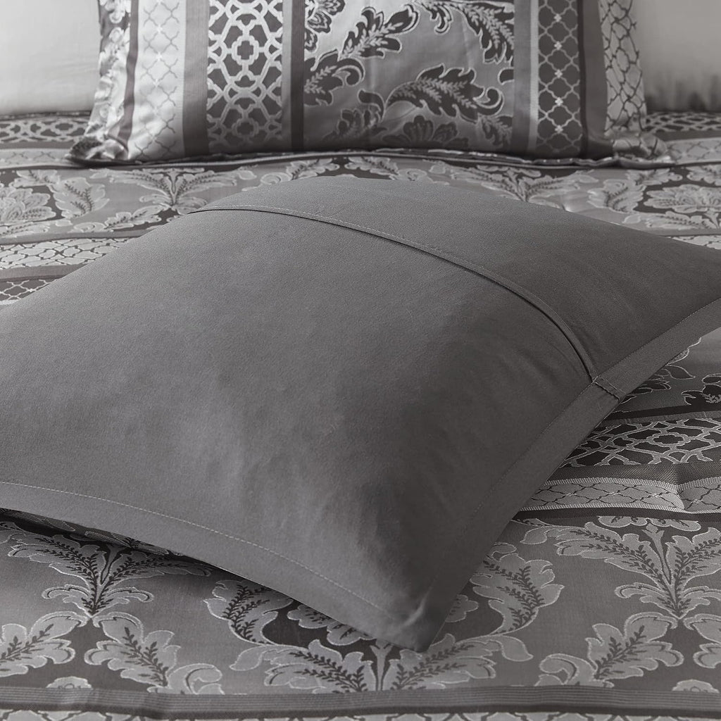 Madison Park Bellagio Cozy Comforter Set - Luxurious Jaquard Traditional Damask Design, All Season Down Alternative Bedding with Matching Shams, Decorative Pillow, Cal King(104'x92'), Grey 7 Piece