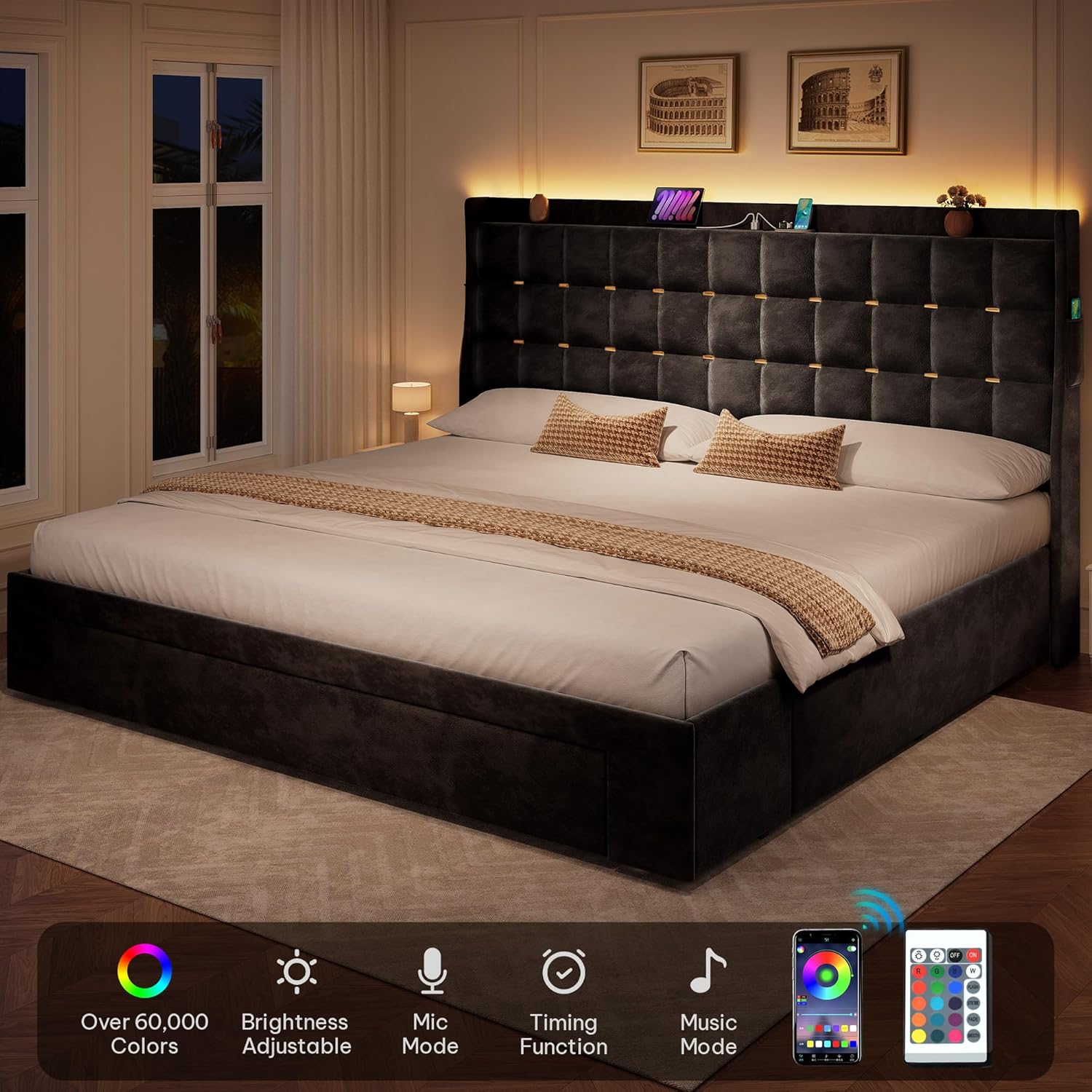 DWVO King Size Bed Frame with 3 Storage Drawers and RGB LED Lights, Velvet Upholstered Bed with Charging Station and Storage Headboard, No Box Spring Needed, Easy Assembly, Noise-Free, Black