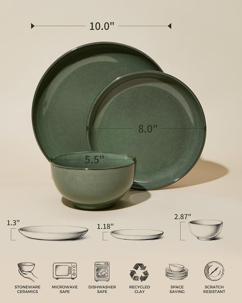 Pokini Plates and Bowls Sets for 8, 24 Piece Dinnerware Set for Large Families & Entertaining, Elegant Design, Dishwasher & Microwave Safe, Chip Resistant and Durable, Forest Green