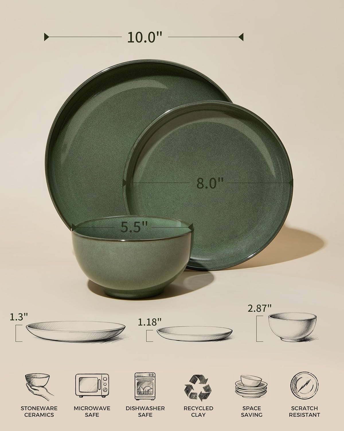 Pokini Plates and Bowls Sets for 8, 24 Piece Dinnerware Set for Large Families & Entertaining, Elegant Design, Dishwasher & Microwave Safe, Chip Resistant and Durable, Forest Green