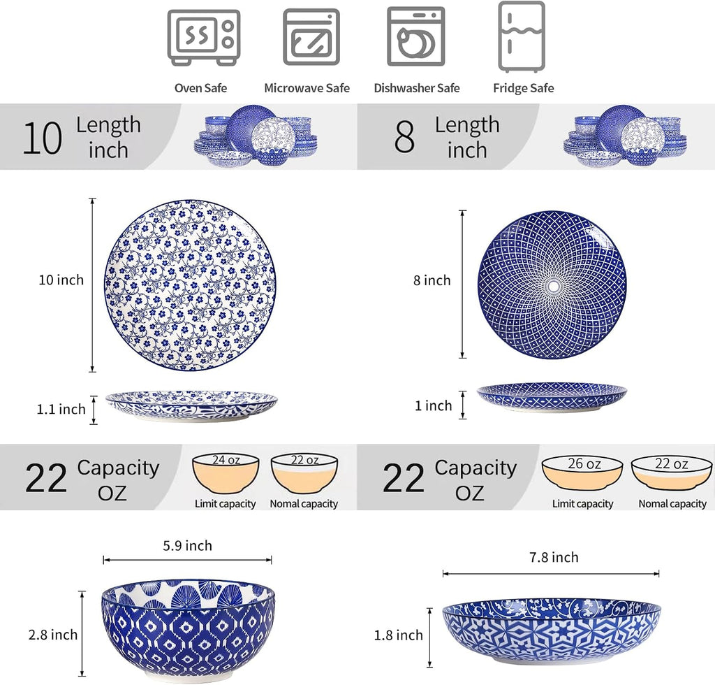 Selamica Ceramic Plates and Bowls Sets,24 Pieces Dinnerware Sets for 6,Scratch Resistant Dish Set for holiday gathering, Dishwasher & Microwave Safe, Vintage Blue