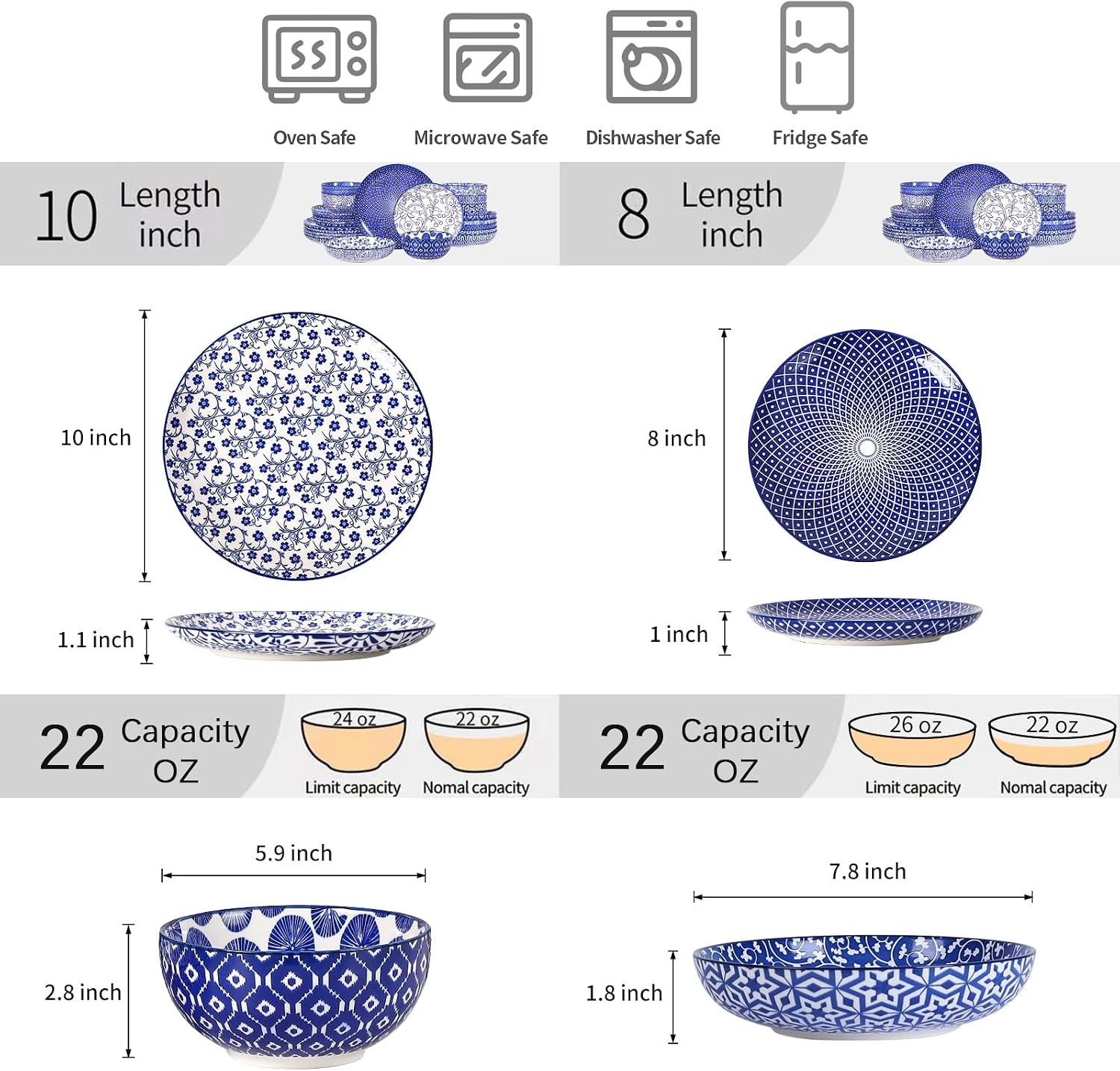 Selamica Ceramic Plates and Bowls Sets,24 Pieces Dinnerware Sets for 6,Scratch Resistant Dish Set for holiday gathering, Dishwasher & Microwave Safe, Vintage Blue