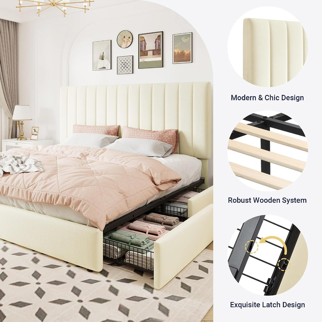 Allewie King Size Storage Bed Frame, Vertical Channel Tufted Adjustable Headboard, Velvet Upholstered Platform Bed with 4 Oversized Underbed Drawers, Wooden Slats Support, No Box Spring Needed, Cream