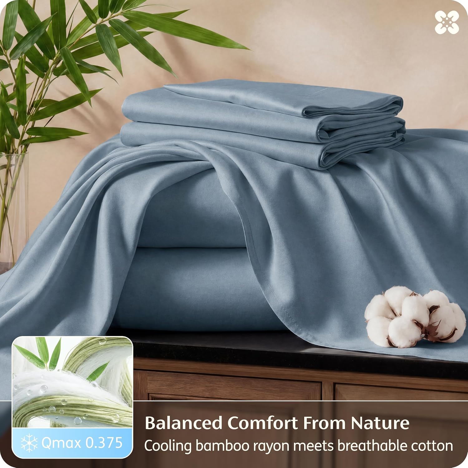 Bedsure Bamboo Viscose Cooling Sheets, Rayon Cotton Serene Blend, PureWoven, Breathable & Buttery Soft King Size Sheets Set, Deep Pocket Up to 18', Hotel Luxury Bedding for Hot Sleepers, Dusty Blue