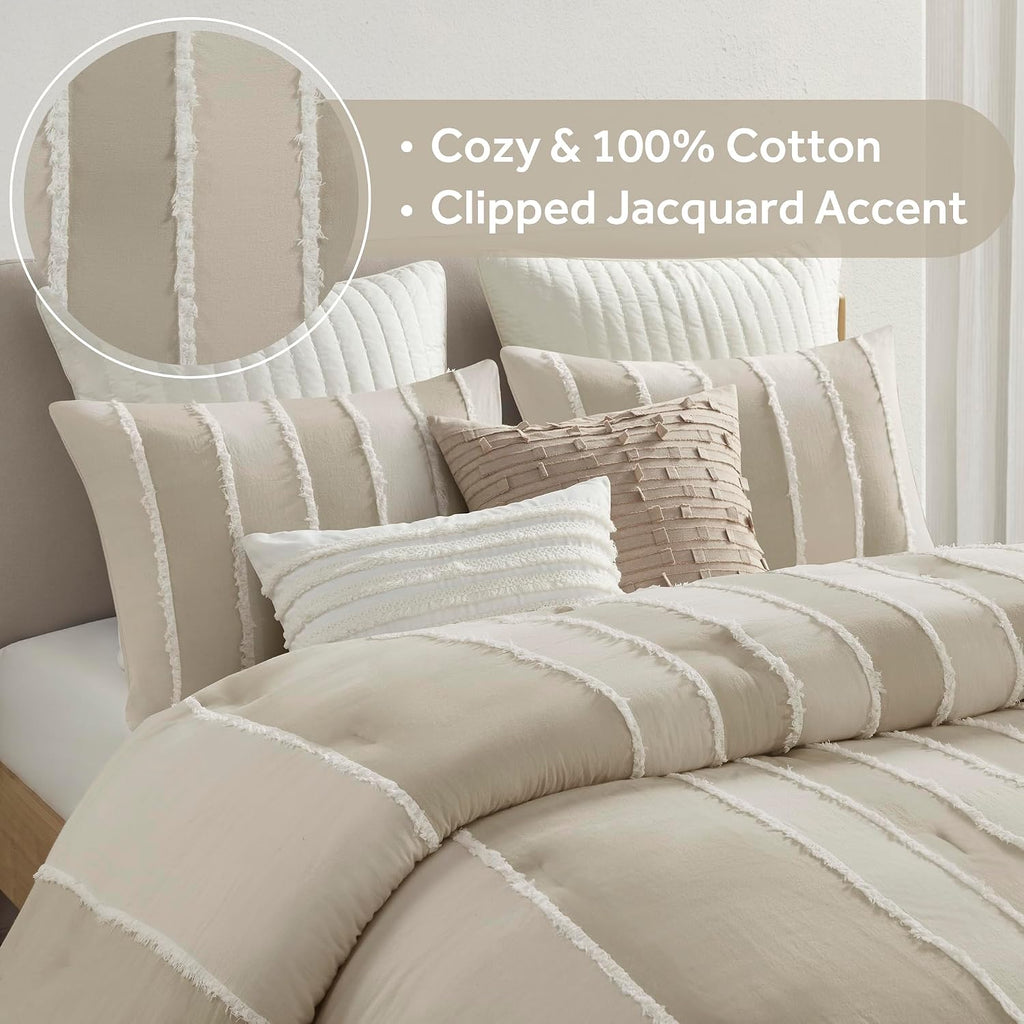 Ink+Ivy King Comforter Set Boho Comforters Stripes, Clipped Jacquard, Cotton Comforter for King Size Bed, All Season Poly Fill Lightweight King Bedding & Shams, Shay, King/Cal King, Taupe 3 Piece