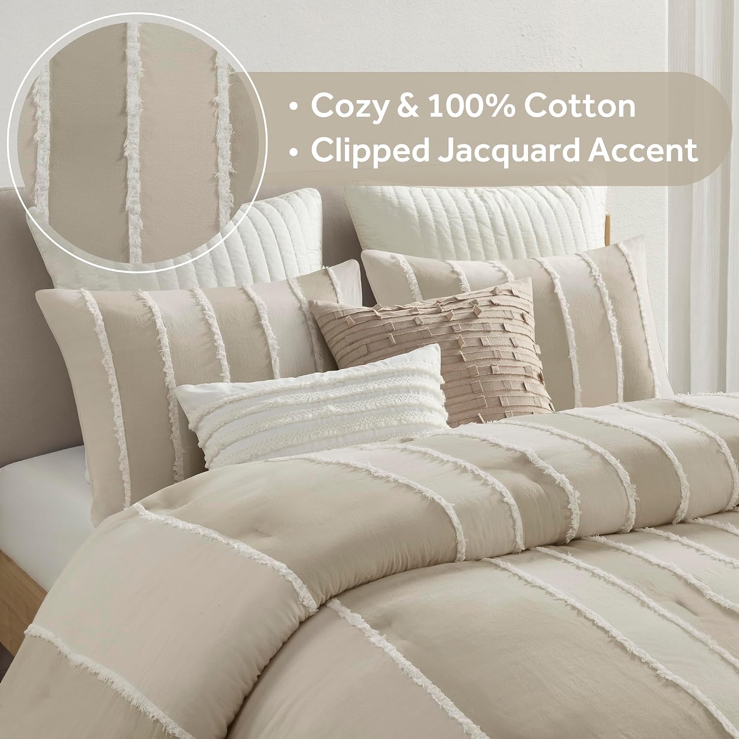 Ink+Ivy King Comforter Set Boho Comforters Stripes, Clipped Jacquard, Cotton Comforter for King Size Bed, All Season Poly Fill Lightweight King Bedding & Shams, Shay, King/Cal King, Taupe 3 Piece