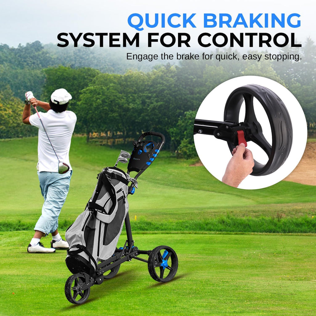 SereneLife Golf Cart Lightweight Foldable Golf Push Cart - Aluminum Folding Trolley with Adjustable Handle, Elastic Bag Straps, Dual Brakes, Scorecard & Cup Holders for Easy Maneuverability