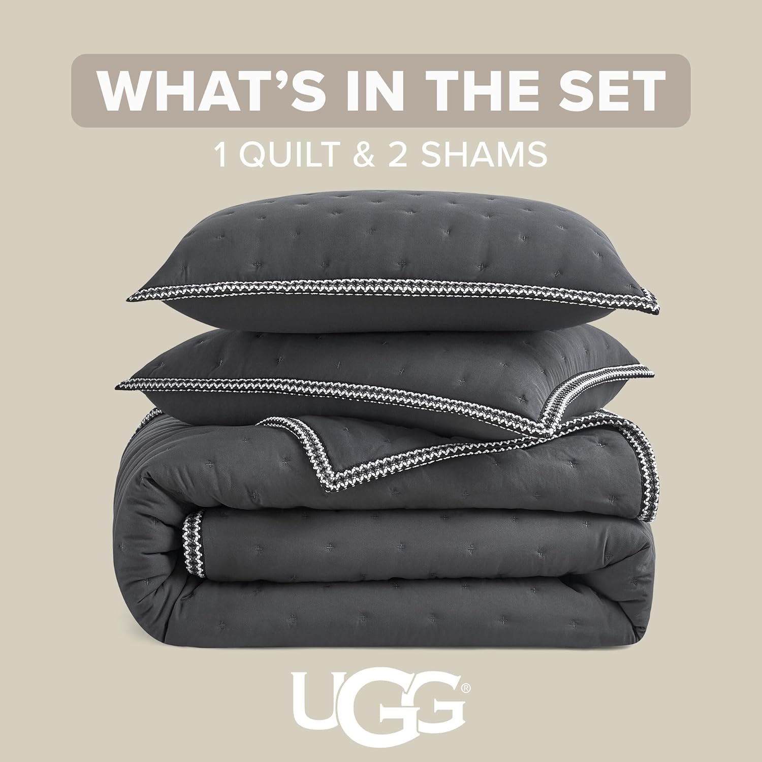 UGG Braid King Size Quilt Set – 3 Piece King Quilt Bedding Set with 2 Shams, Soft Lightweight Bedspread Coverlet for Home & Bedroom, Black Ink (Devon)