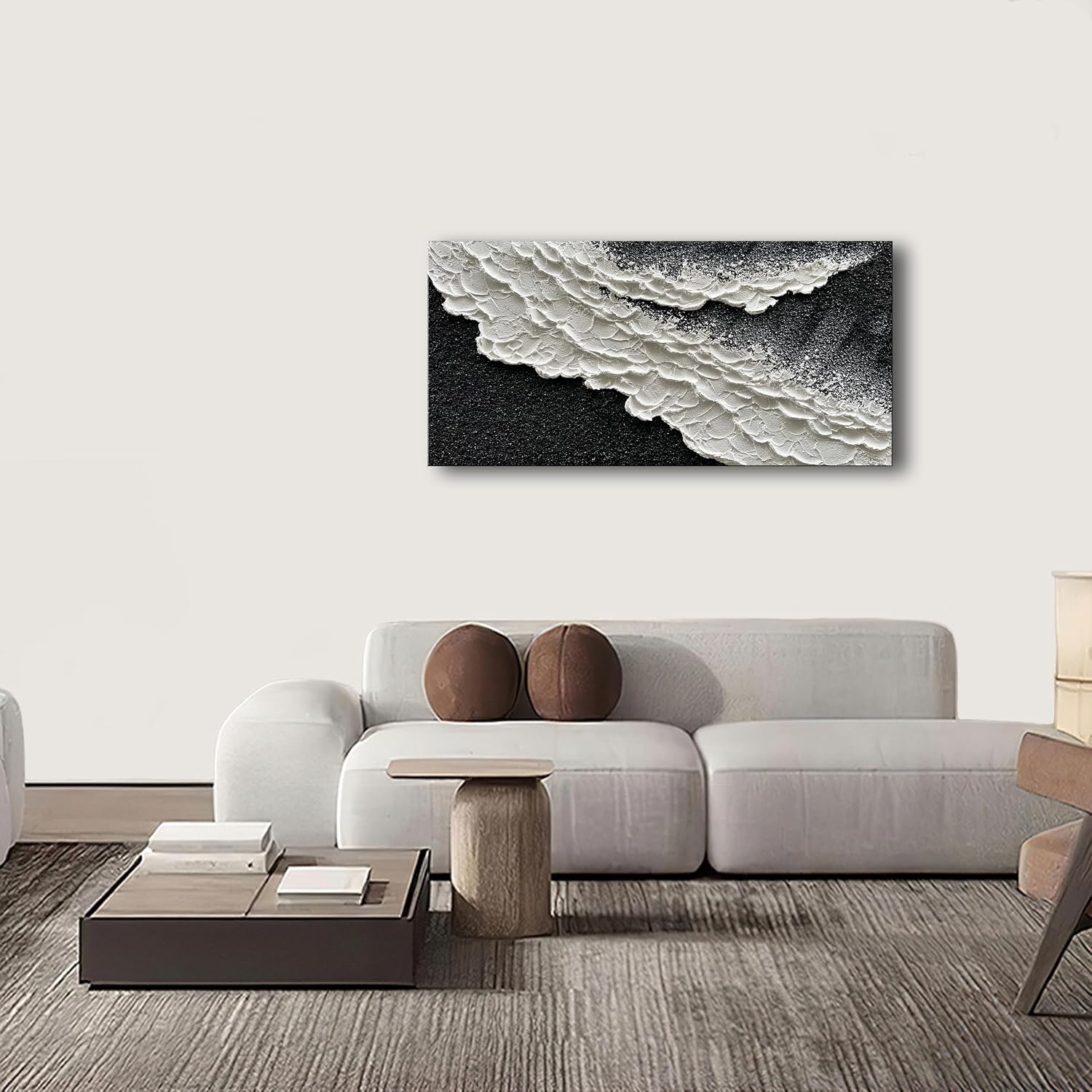 NANKAI 24x48 Inch Hand Painted 3D Ocean Wave Landscape Oil Painting Black and White Abstract Canvas Art Mural Family Wall Decoration Art