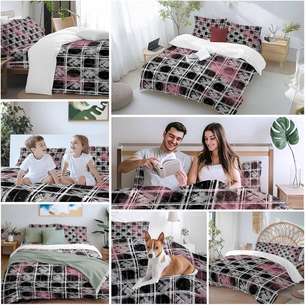 Tartan Duvet Cover Set Queen Size 4 Pieces Scottish Plaid Gray White Stripes Black Plaid Artistic Bedding Set with Zipper Closure, 1 Comforter Cover 92x106 Inches 1 Flat Sheet & 2 Pillow Cases
