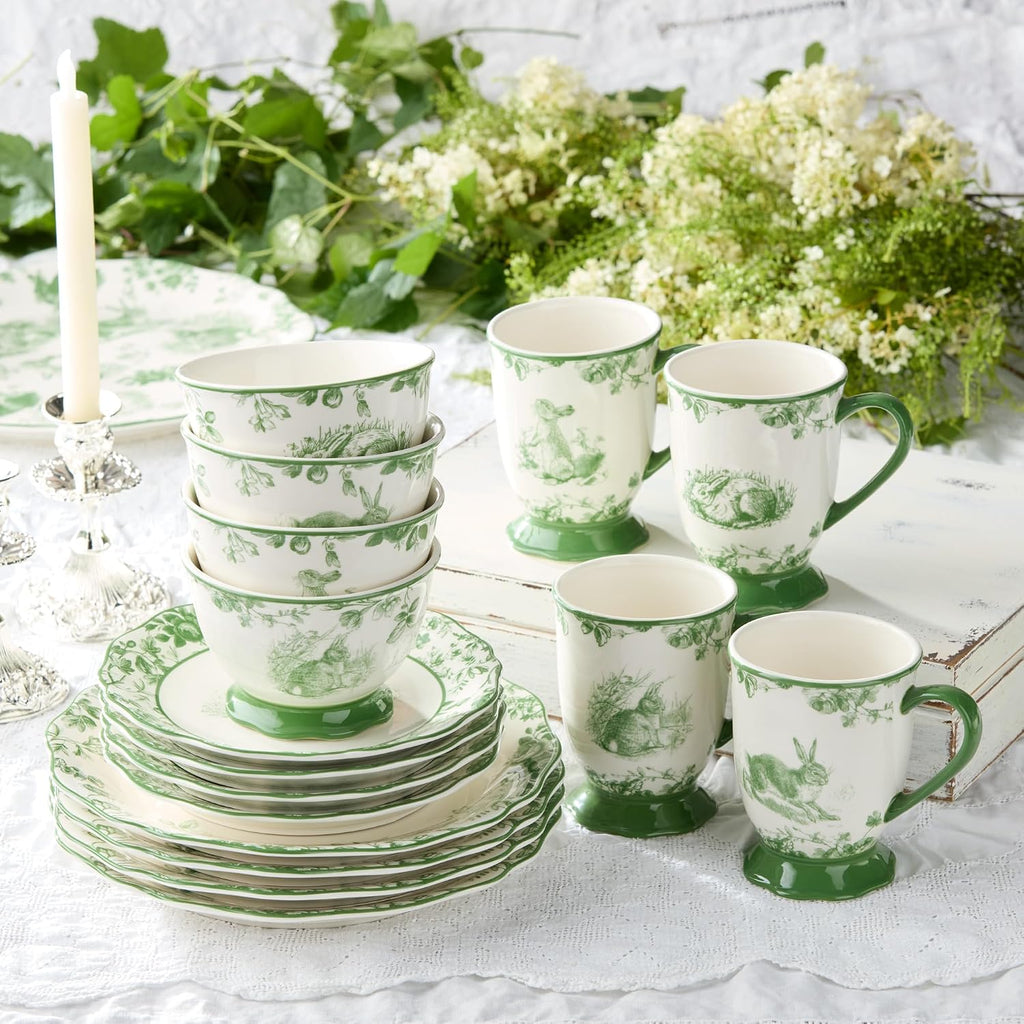 Le Jardin Bunny 16-Piece DINNERWARE SET, SERVICE FOR FOUR – Elegant Stoneware Plates, Bowls & Mugs for Springtime, Easter, Garden Parties & Everyday Charm – Scalloped Floral Toile Design