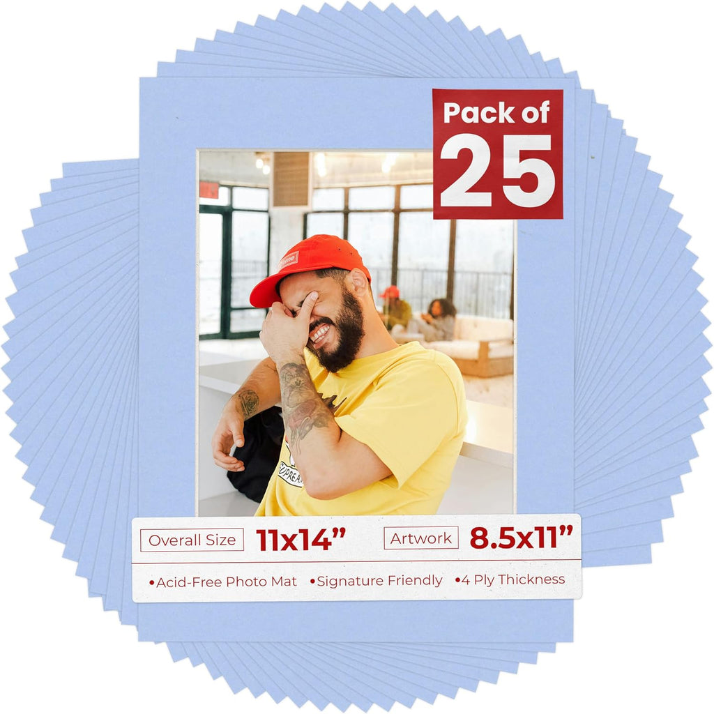 8.5x11 Mat for 11x14 Frame - Precut Mat Board Acid-Free Baby Blue 8.5x11 Photo Matte For a 11x14 Picture Frame, Premium Matboard for Family Photos, Show Kits, Art, Picture Framing, Pack of 25 Mats