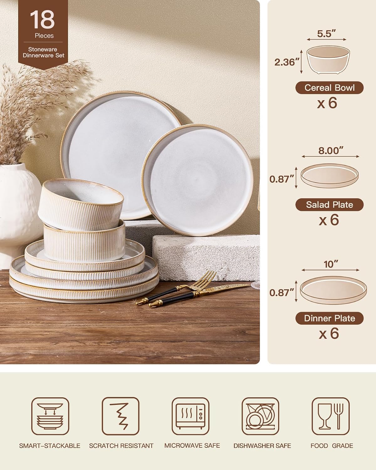 Stoneware Plates and Bowls Dishes Sets for 6 (18-Piece), Famiware Premium Handcrafted Reactive Glaze Dinnerware Set with Raised Rim, Scratch Resistant, Microwave Dishwasher Safe, Cappuccino White
