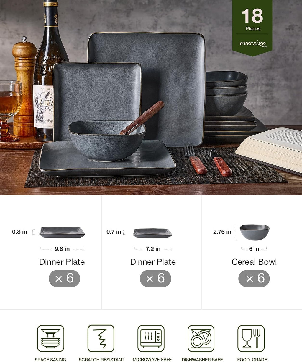 Famiware Stoneware Dinnerware Sets for 6, Ocean Square 18-Piece Kitchen Plates and Bowls Sets, Microwave and Dishwasher Safe, Scratch Resistant, Matte Dark Charcoal