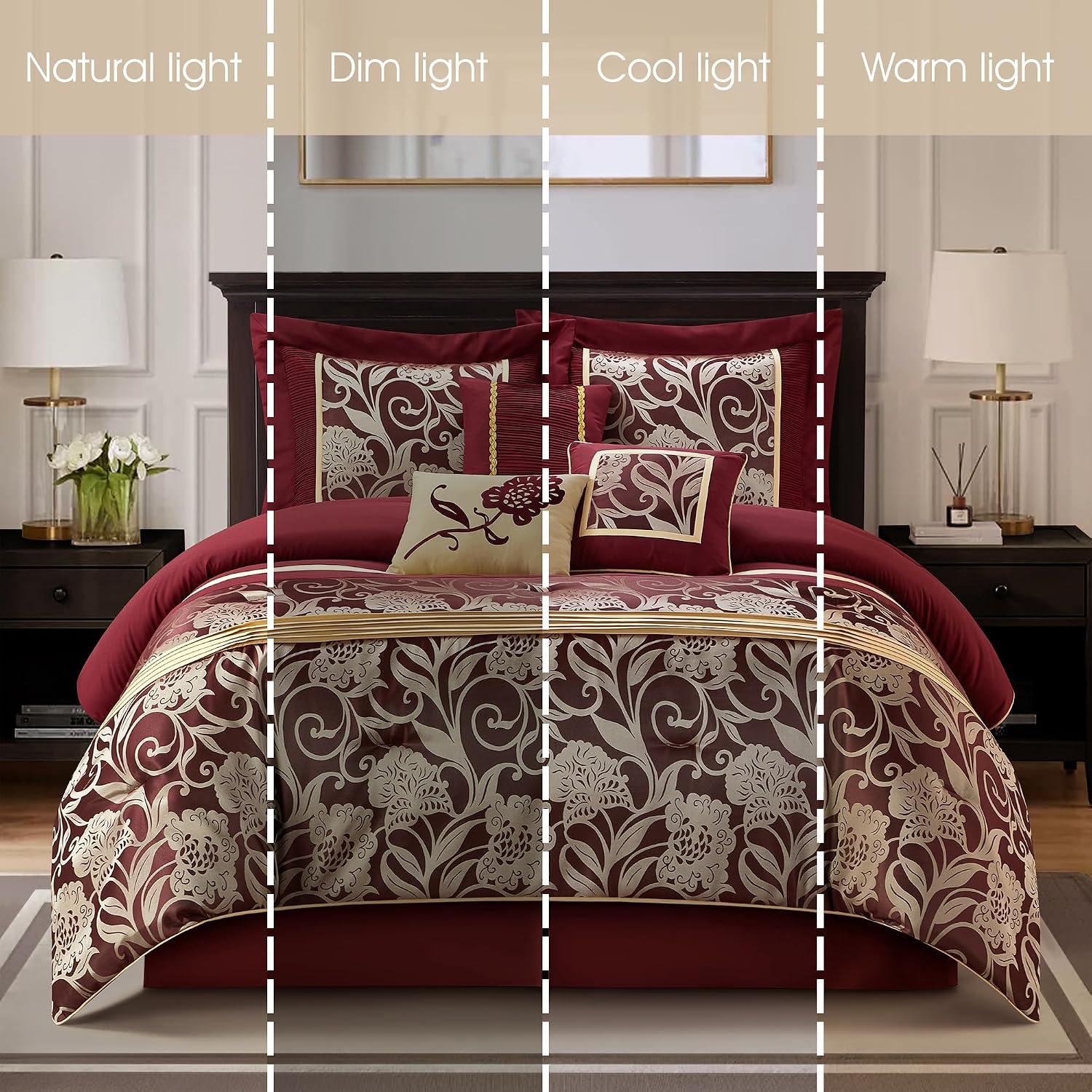 Grand Avenue Black and Red Comforter Set California King Size, 7 Piece Jacquard Floral Bedding Set, All Season, Ultra-Soft, Matching Pillows & Shams, Bed Skirt