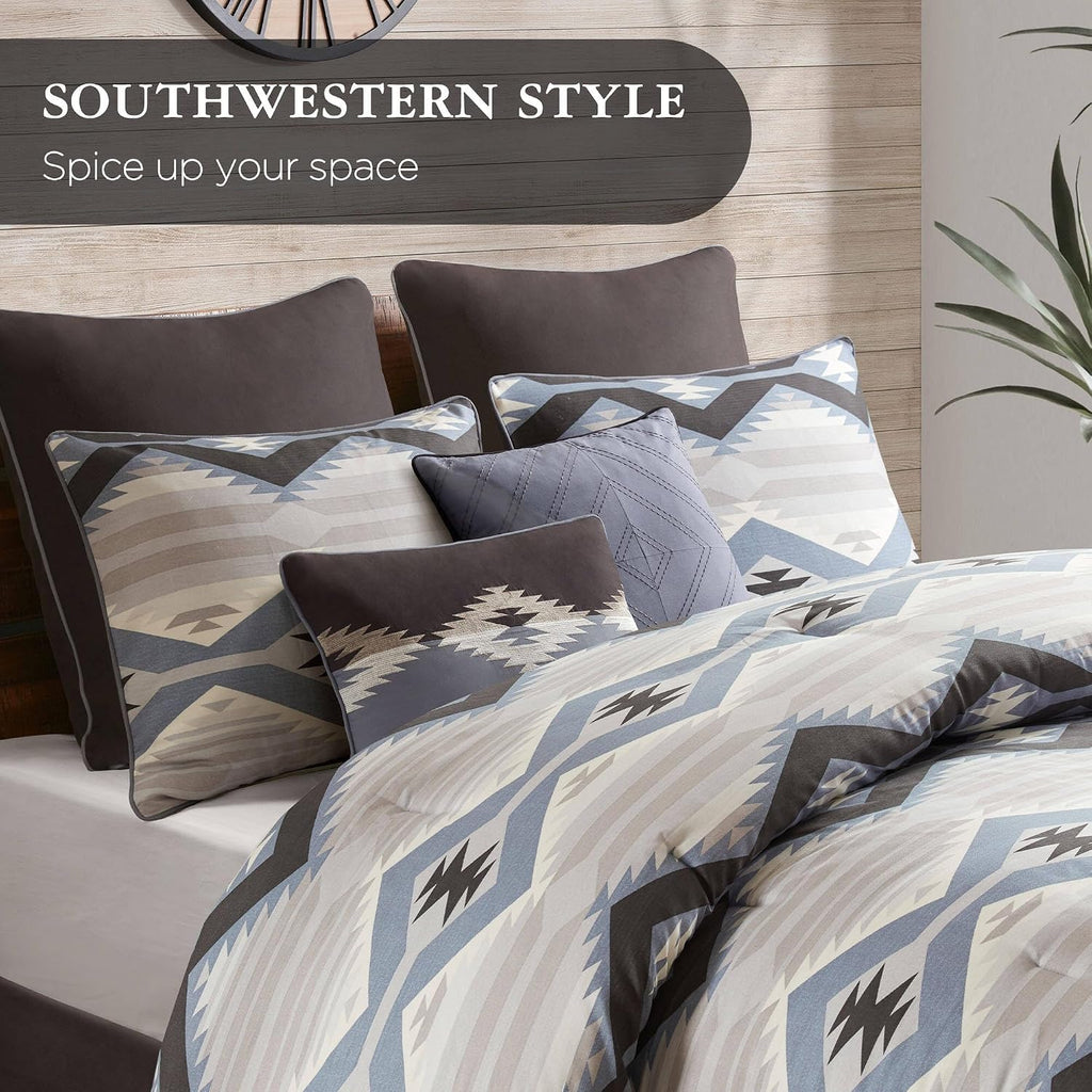 Woolrich King Comforter Set, Southwestern Aztec 8 Piece Bedding Set, Oversized All Season Down Alternative Comforter with Shams, Euro Shams, Decorative Pillows & Bedskirt, Rustic Cabin, Blue