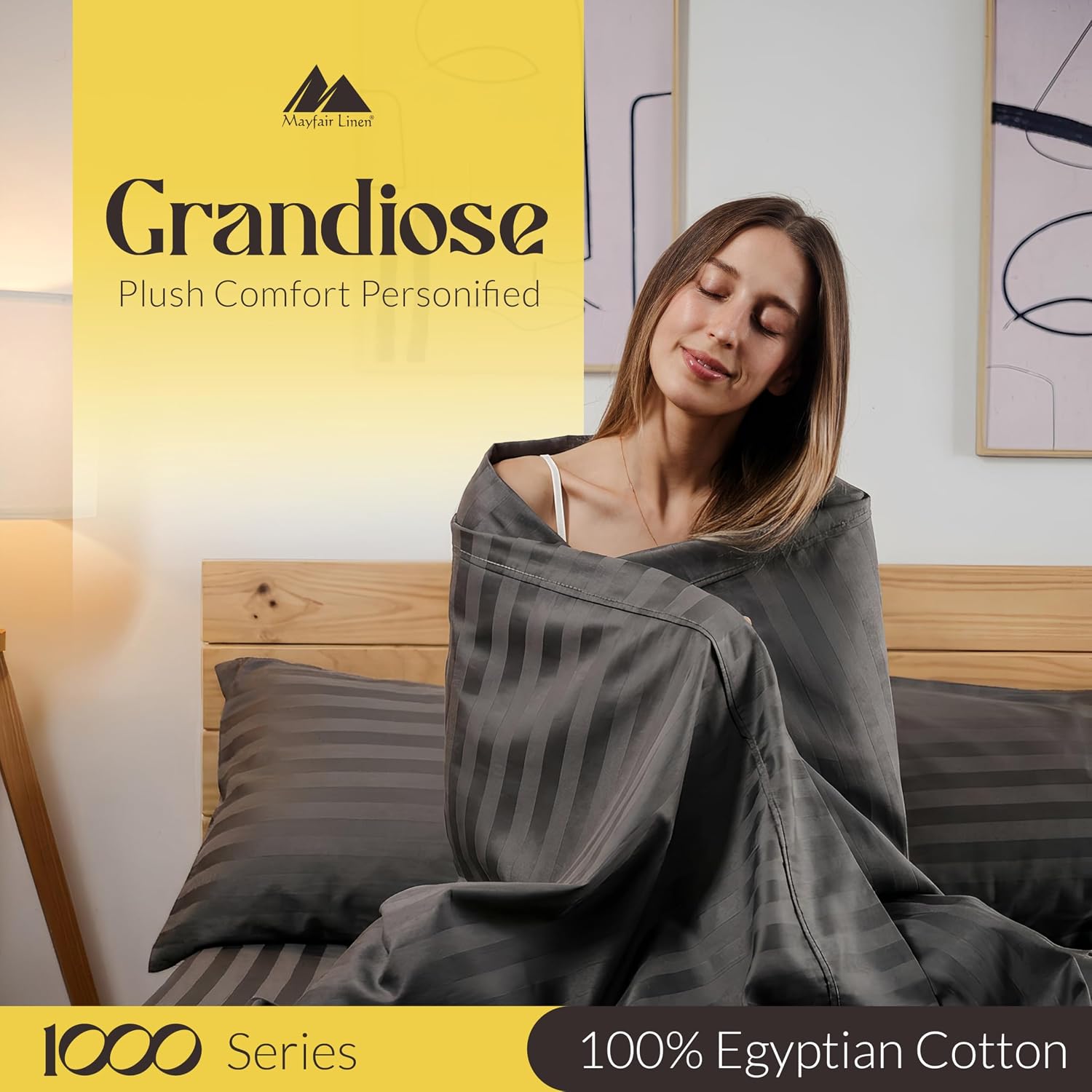 Mayfair Linen 100% Pure Egyptian Cotton Sheet King Size - Luxury 1000 Series Grandiose Collection Striped King Size Sheets Set (4 PC, Dark Grey - Stripe), 16' Deep Pocket Soft Cooling Hotel Sheets Set