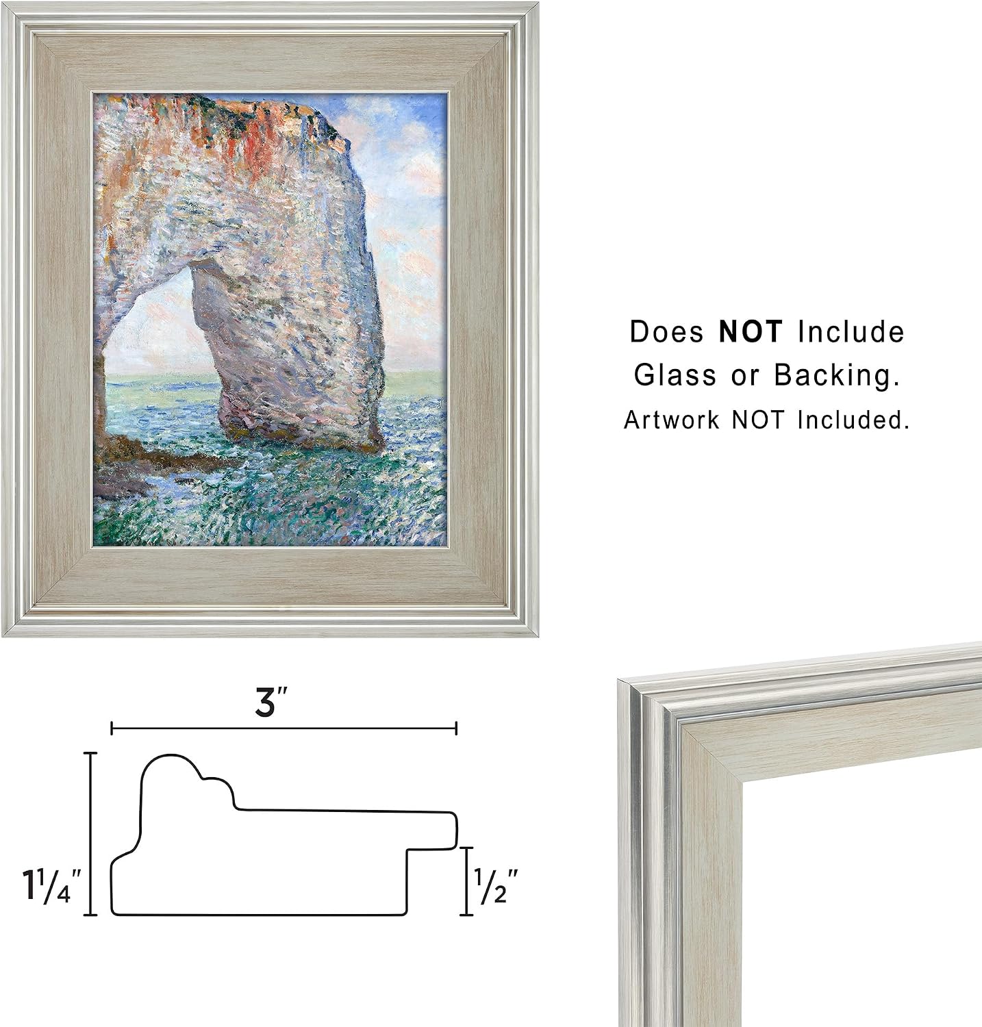 Cardinali Plein Aire Silver 11x14 Open Back Frames for Canvas Art- Box of 4, 3' Wide Moulding w/Raised Edge -No Glass or Backing - 1/2' Rabbet Depth- Timeless Picture Frame for Canvas - Made in USA