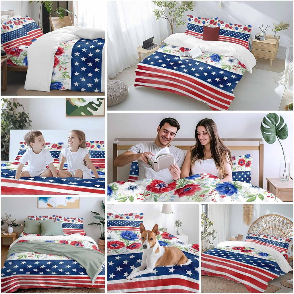 Independence Day Duvet Cover Set Queen Size 4 Pieces American Flag Red Blue Poppy Flower Country Bedding Set with Zipper Closure, 1 Comforter Cover 86x86 Inches 1 Flat Sheet & 2 Pillow Cases