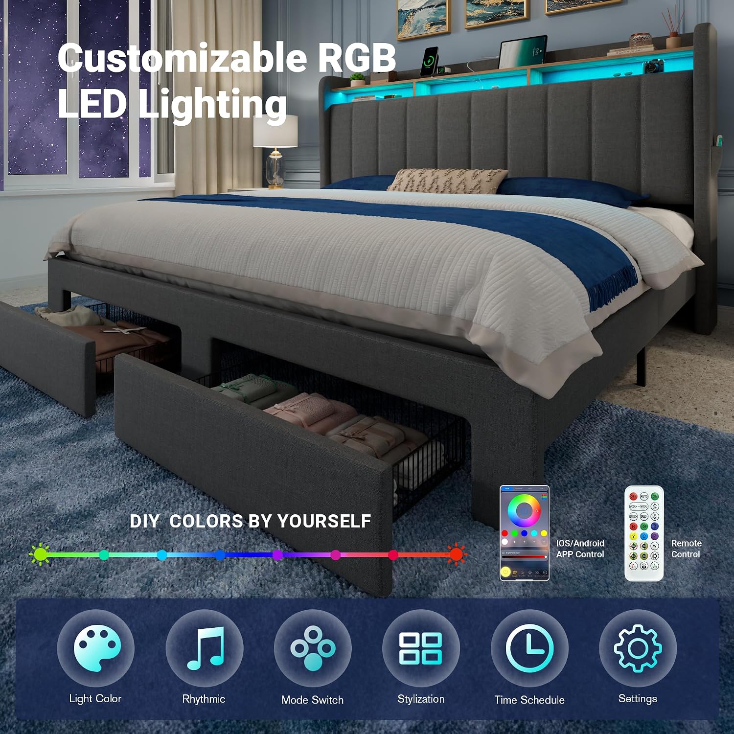 Allewie King Size Bed Frame with 2-Tier LED Storage Headboard, Upholstered King Platform Bed Frame with 2 Storage Drawers, USB & Type-C Charging Ports, Noise-Free/No Box Spring Needed, Dark Grey