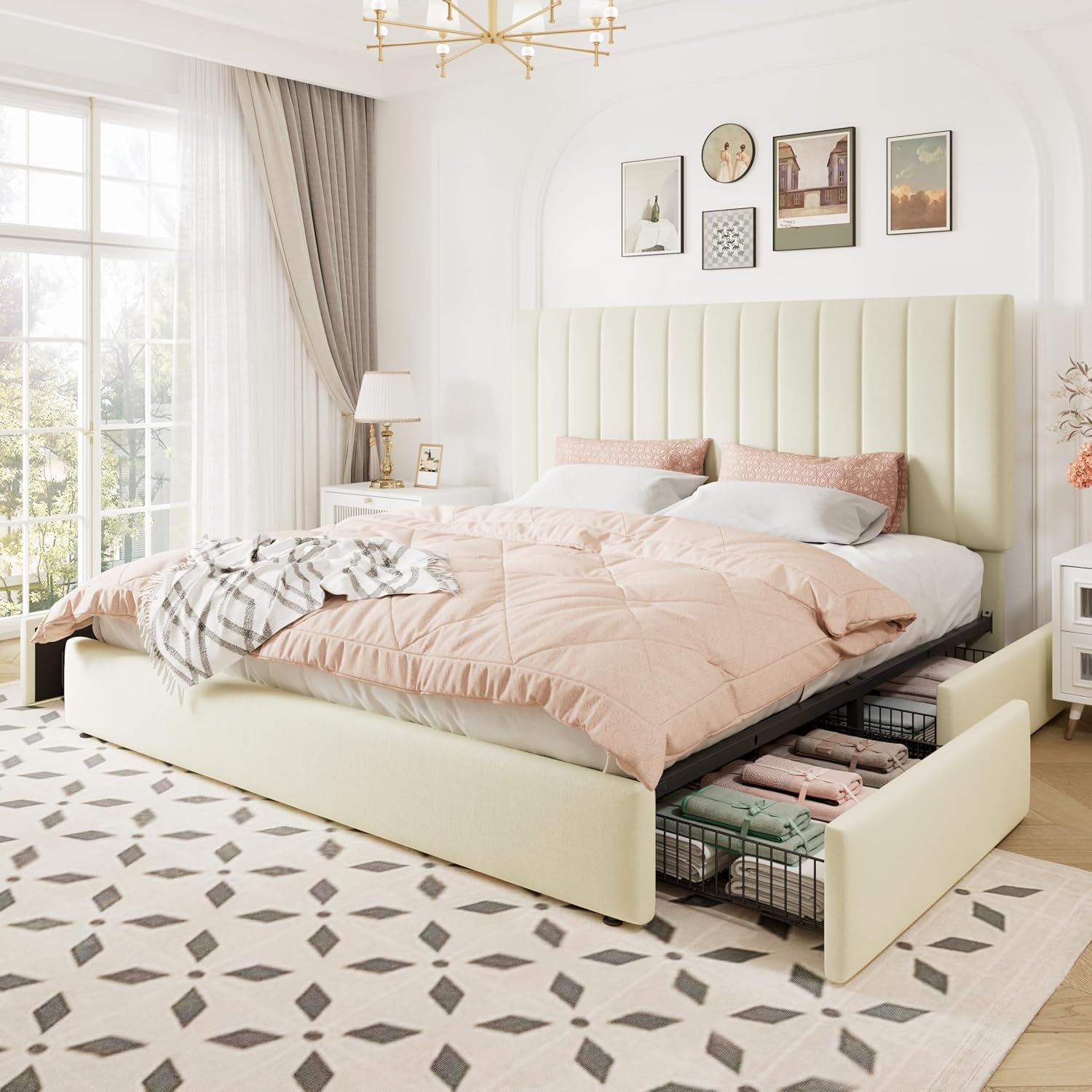 Allewie King Size Storage Bed Frame, Vertical Channel Tufted Adjustable Headboard, Velvet Upholstered Platform Bed with 4 Oversized Underbed Drawers, Wooden Slats Support, No Box Spring Needed, Cream