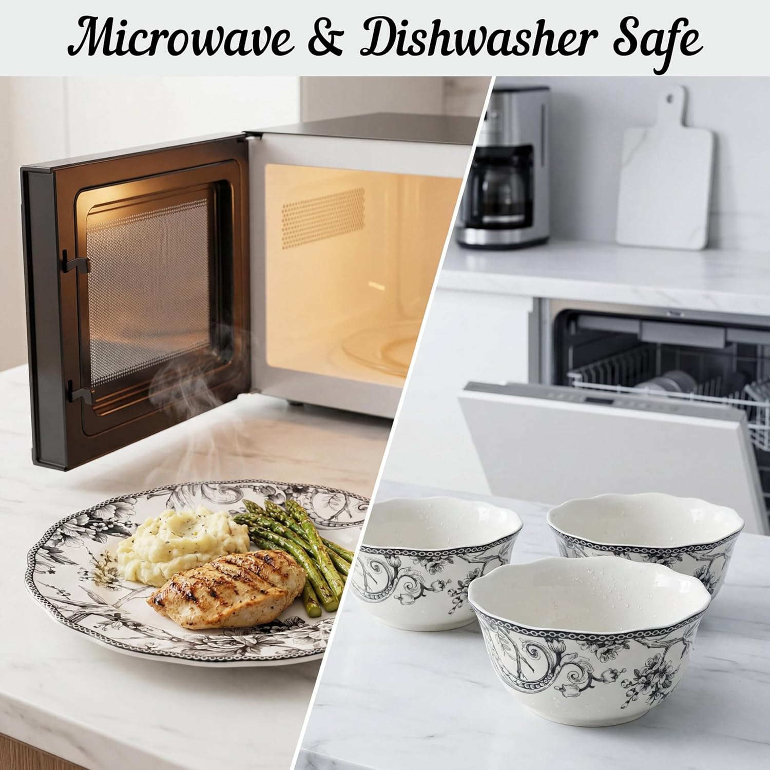 222 Fifth Adelaide 16-Piece Black Porcelain Dinnerware Set – Service for 4, Featuring Hand-Applied Romantic Woodland Bird Design, Everyday Big Dinner Plates and Bowls Sets, Microwave & Dishwasher Safe