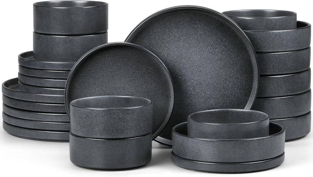 E-far Dinnerware Sets with Pasta Bowls, 24-Piece Stoneware Plates and Bowls Sets for 6 | Microwave & Dishwasher Safe Kitchen Modern Dish Set, Deep Gray