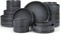 E-far Dinnerware Sets with Pasta Bowls, 24-Piece Stoneware Plates and Bowls Sets for 6 | Microwave & Dishwasher Safe Kitchen Modern Dish Set, Deep Gray