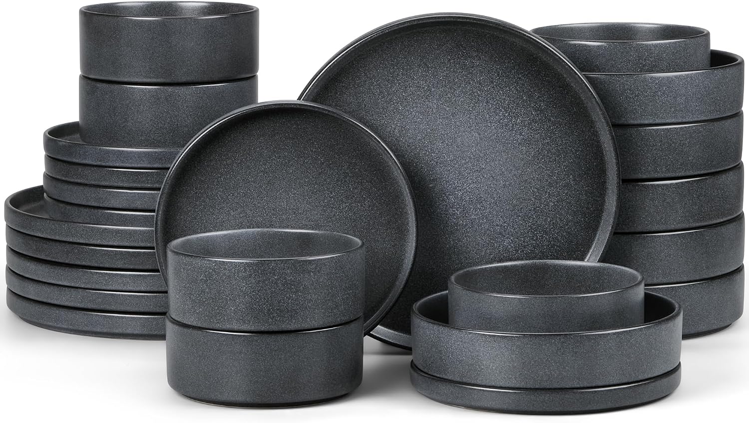 E-far Dinnerware Sets with Pasta Bowls, 24-Piece Stoneware Plates and Bowls Sets for 6 | Microwave & Dishwasher Safe Kitchen Modern Dish Set, Deep Gray