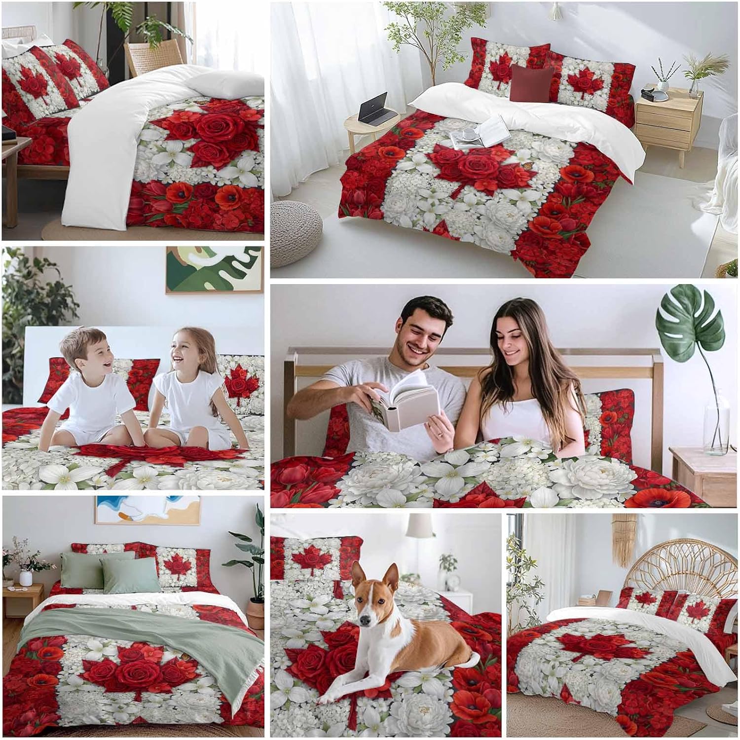 Prime Leader Floral Duvet Cover Set Queen Size 4 Pieces Watercolor White Red Flowers Canada Flag Style Bedding Set with Zipper Closure, 1 Comforter Cover 90x92 Inches 1 Flat Sheet & 2 Pillow Cases