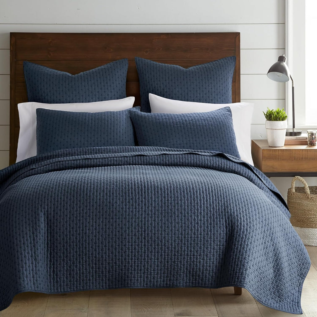 Levtex Home Cross Stitch Reversible King/Cal King Quilt Set (106x92in) and 2 Pillow Shams (36x20in) - Stitch Texture - Navy - Cotton King Size Quilt Bedding Set - Lightweight Soft Pre-Washed