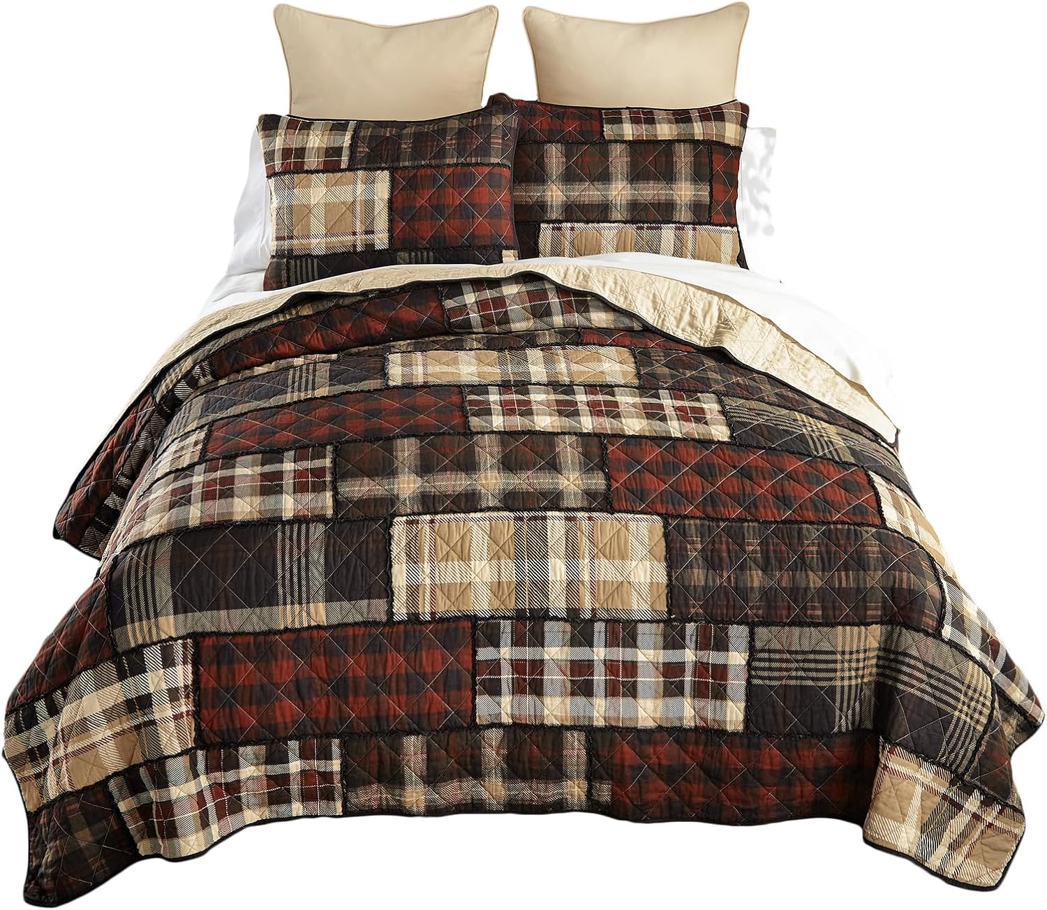Donna Sharp King Bedding Set - 3 Piece - LJ Plaid Cotton Quilt Set with King Quilt and Two King Size Pillow Shams - Machine Washable