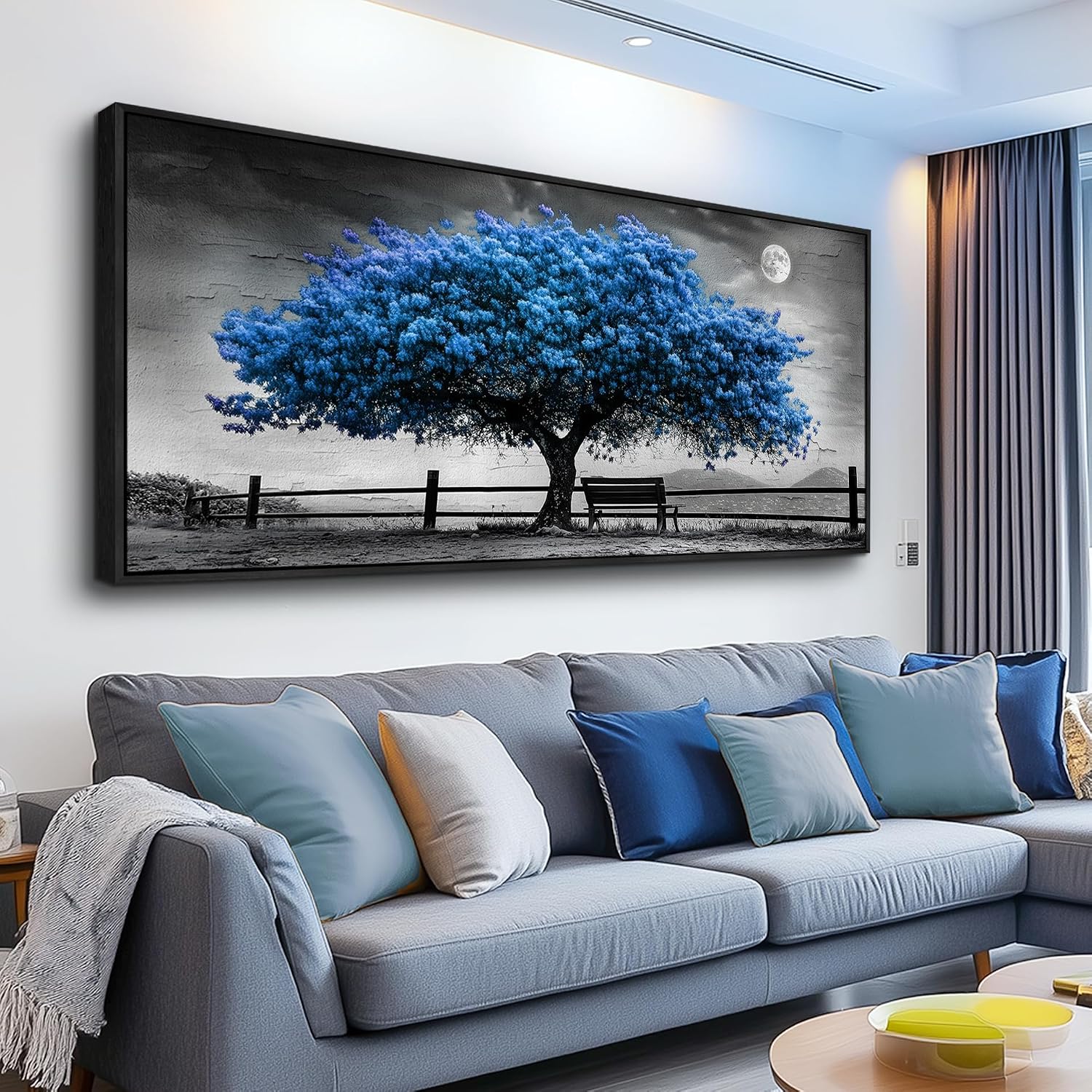 FUHAIHUA Canvas Wall Art For Living Room Large Wall Decor For Office Bedroom Decorations Black And White Landscape Pictures Blue Tree Painting Artwork Room Wall Mural Aesthetic Home Decor 32x72 In