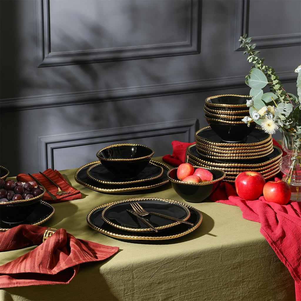 Christian Siriano Akoya Porcelain Dinnerware Set, 24-Piece - Dish Set for 8, Plates and Bowls Set, Black and Gold