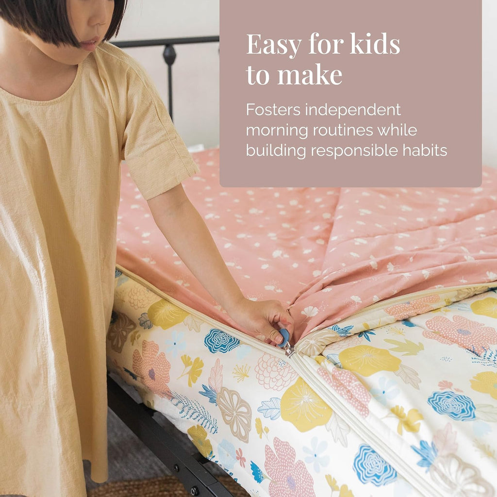 Beddy's Flower Blossoms Durable Zipper Bedding for Kids - Bed in a Bag - Pink Floral Sheets and Comforter - Includes Pillowcase & Sham - Easy to Make & Wash - Twin