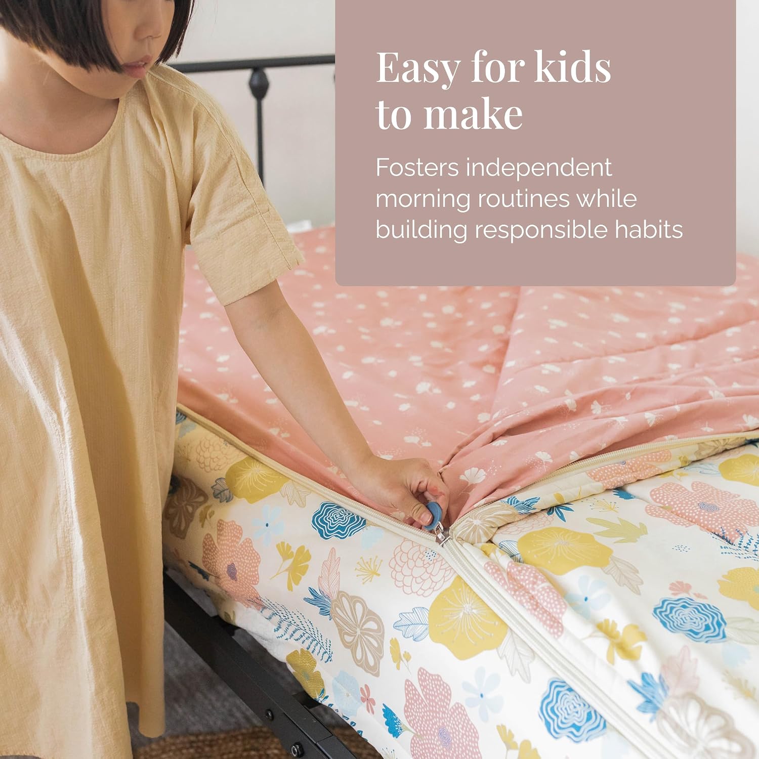 Beddy's Flower Blossoms Durable Zipper Bedding for Kids - Bed in a Bag - Pink Floral Sheets and Comforter - Includes Pillowcase & Sham - Easy to Make & Wash - Twin