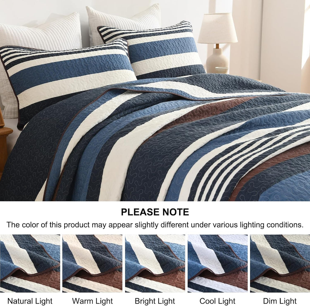 Quilts King Size - Blue Quilt Set with Matching Shams, Modern Striped Design Bedding Bedspread, 3 Pieces 100% Cotton Lightweight Coverlet Home Decor for All Season, Brown/Cream