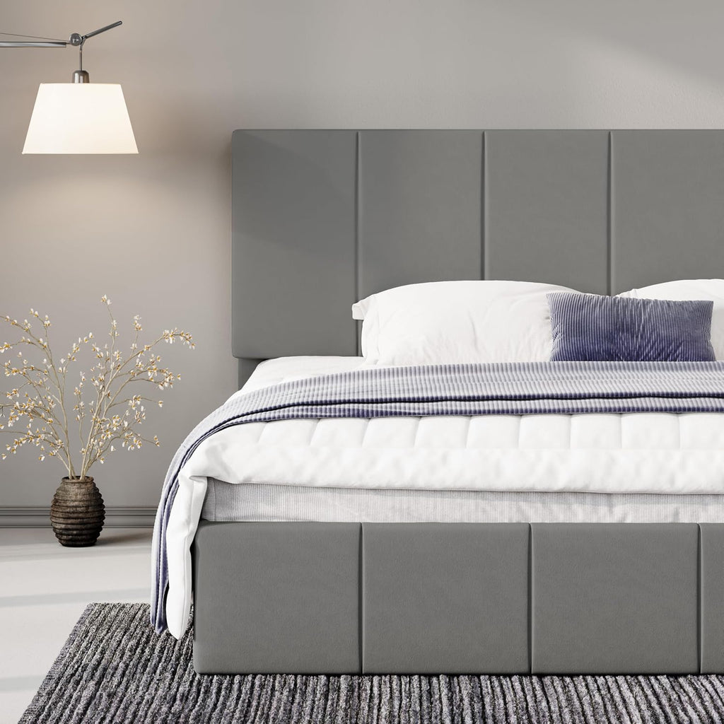 Allewie King Size Dutch Velvet Upholstered Platform Bed Frame/Vertical Channel Tufted Adjustable Headboard/Low Profile Bed Frame/No Box Spring Needed/Easy Assembly/Grey