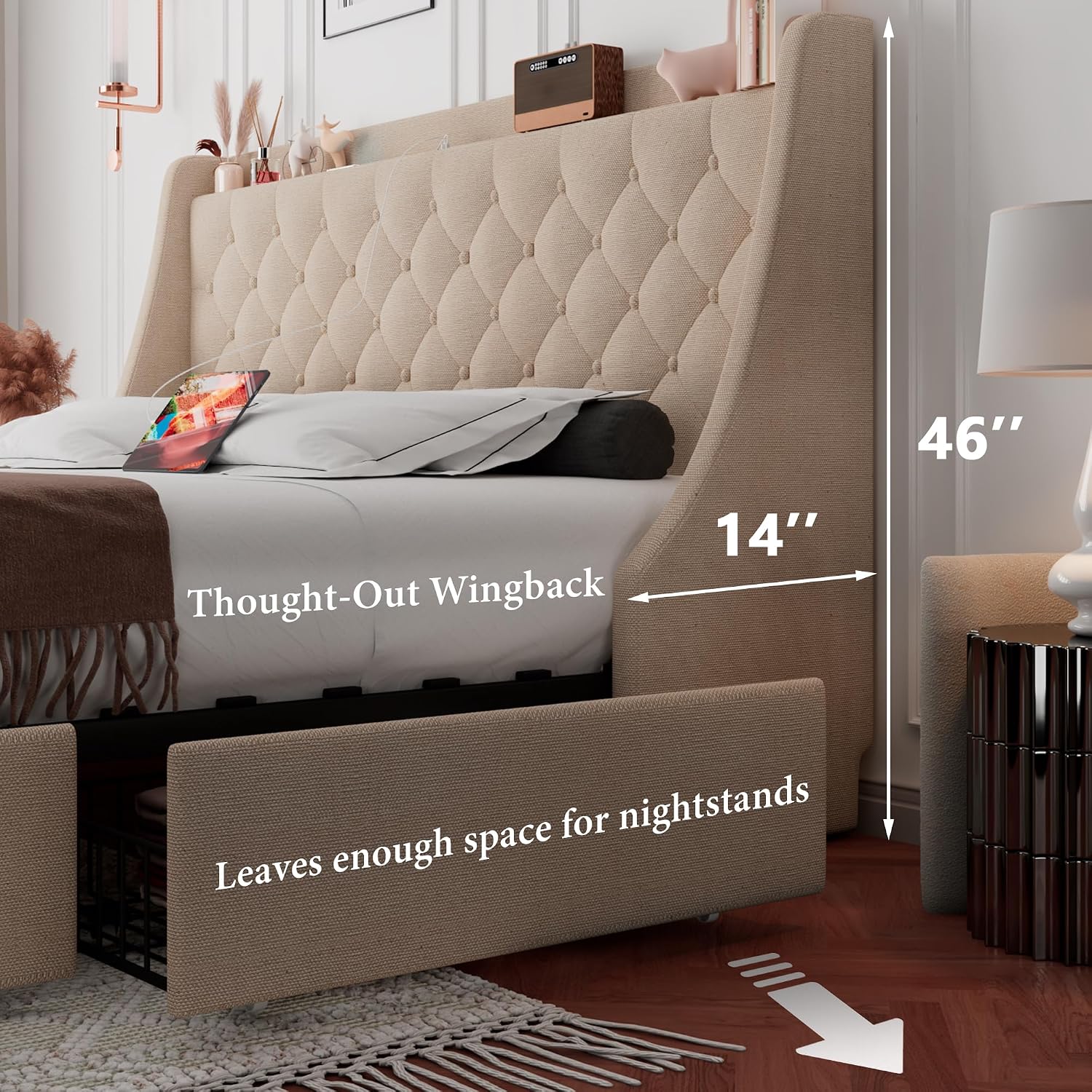 iPormis King Bed Frame with 4 Storage Drawers, Upholstered Platform Bed Frame with Type-C & USB Ports, Wingback Storage Headboard, Solid Wood Slats, No Box Spring Needed, Beige